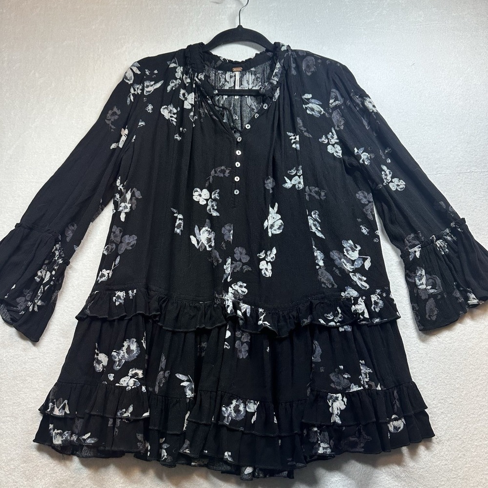 Free People Clover Field Tunic‎ Mini Dress Small Black Floral Ruffle Tie Boho